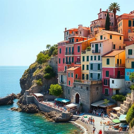 Cinque Terre, Italia, con casas coloridas en la ladera de una colina y el mar Mediterr&aacute;neo al fondo.