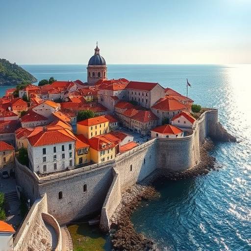 Dubrovnik, Croacia, una ciudad amurallada con tejados rojos y el mar Adri&aacute;tico alrededor.