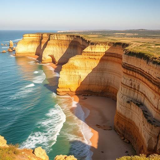 La costa del Algarve, Portugal, con acantilados dorados y playas de arena fina.