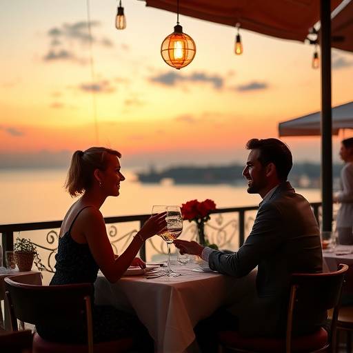 Pareja cenando en un restaurante con vistas al mar