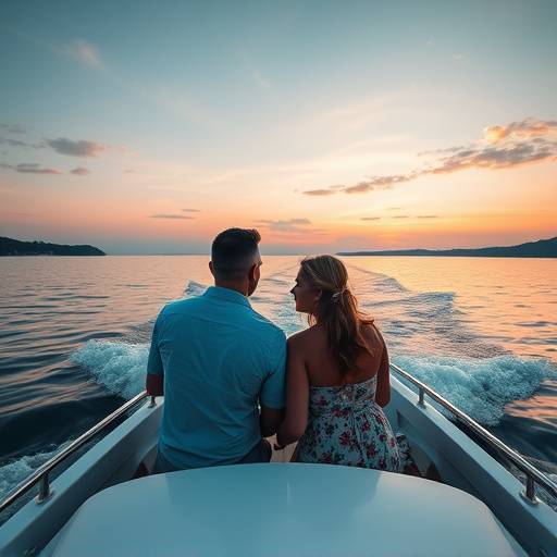 Pareja disfrutando de un paseo en barco al atardecer