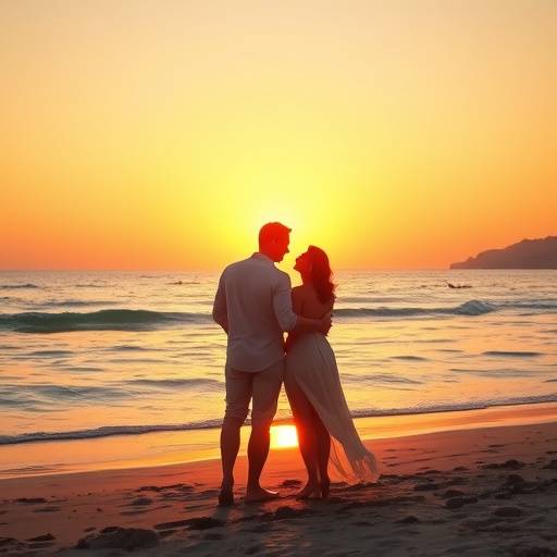 Pareja disfrutando de una puesta de sol rom&aacute;ntica en la playa del Mediterr&aacute;neo