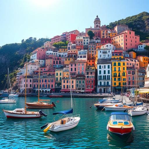 Puerto de Positano, Italia, con coloridas casas en la ladera y barcos en el agua