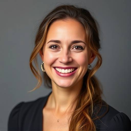 Retrato de Sofia Costa, Gerente de Marketing, con una sonrisa contagiosa y creativa.