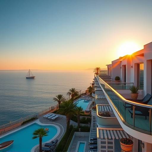 Un lujoso resort costero en la Costa Brava, con balcones con vistas al mar Mediterr치neo. Representa el lujo y la relajaci칩n que Para칤so Mediterr치neo ofrece en sus escapadas.