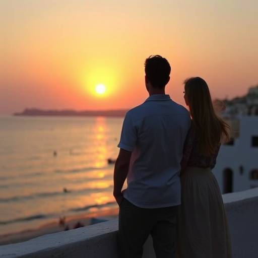 Una pareja disfrutando de un atardecer en la playa durante una escapada rom&aacute;ntica en Santorini.