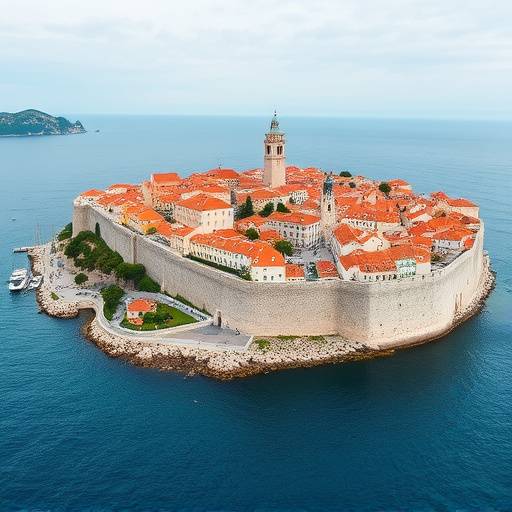 Vista de la ciudad de Dubrovnik, Croacia, rodeada de murallas antiguas y mar Adri&aacute;tico